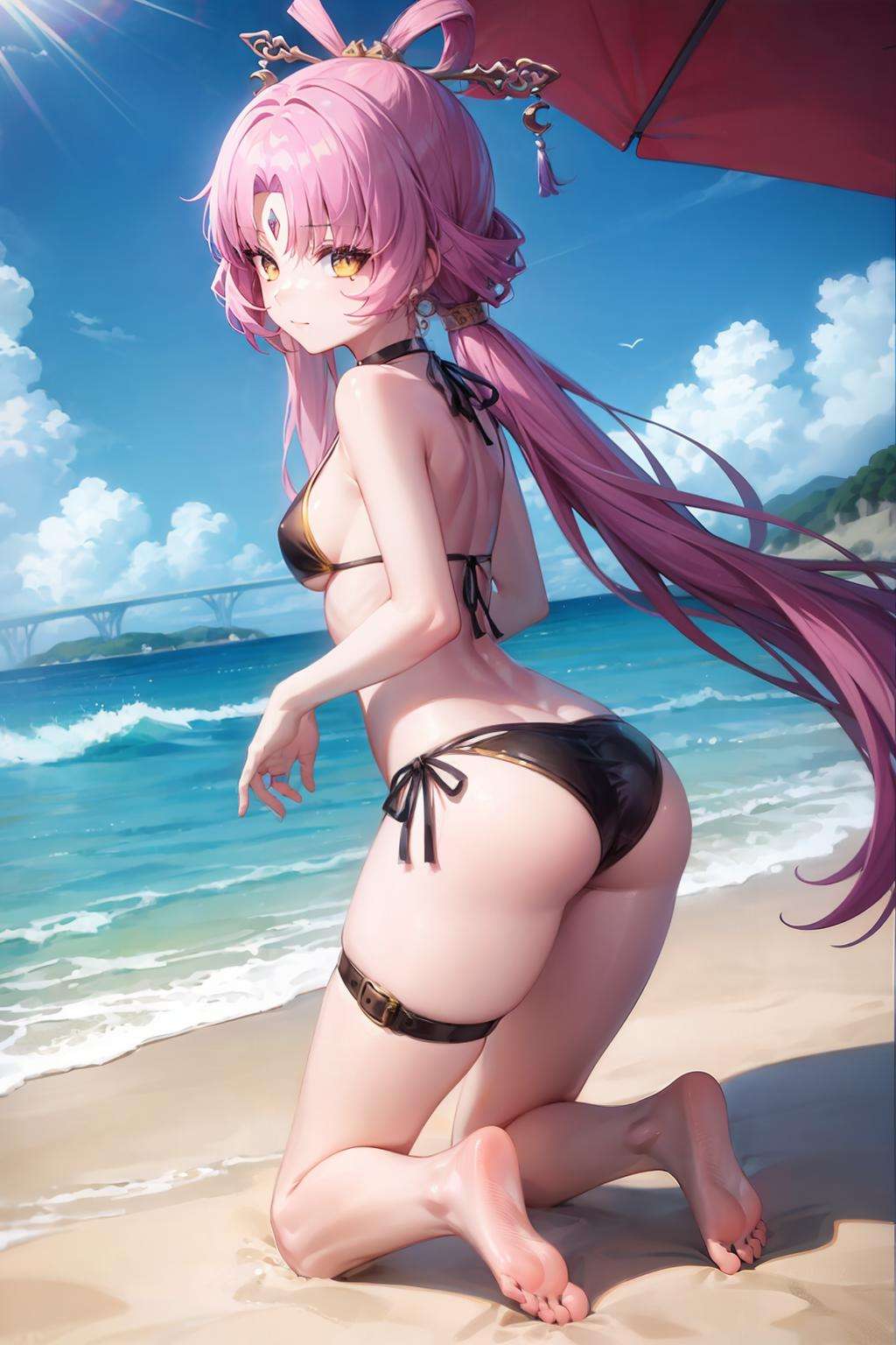 masterpiece, best quality, <lora:fuxuan-mver:1>, 1girl, swimsuit, bikini, pink hair, long hair, solo, barefoot, black bikini, ass, looking at viewer, kneeling, soles, looking back, breasts, feet, thigh strap, closed mouth, facial mark, hair ornament, forehead mark, bare shoulders, toes, full body, bangs, twintails, bare legs, hair rings, cup, yellow eyes, outdoors, side-tie bikini bottom, very long hair, choker, beach, thighs, parted bangs, small breasts, from behind, black choker