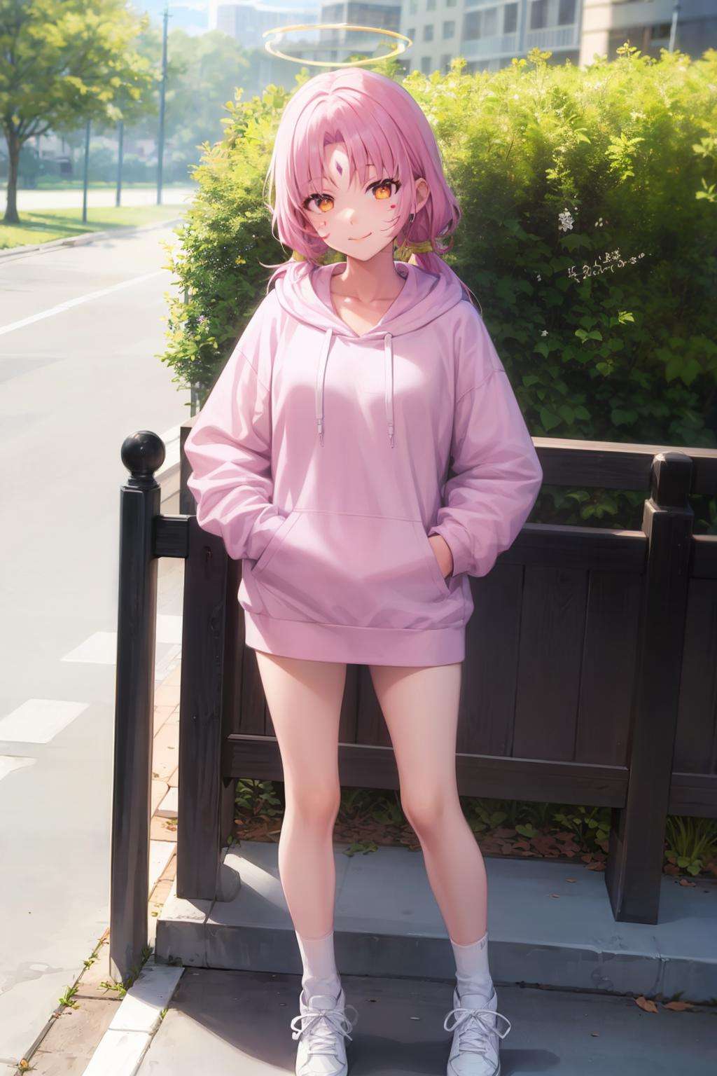 masterpiece, best quality, <lora:fuxuan-mver:1>, 1girl, solo, long hair, white footwear, full body, twintails, pink hair, standing, hand in pocket, very long hair, long sleeves, looking at viewer, hair rings, socks, bangs, halo, shoes, forehead mark, white hoodie, hood, hoodie, white socks, parted bangs, facial mark, low twintails, lollipop, orange eyes, closed mouth, yellow eyes, food, puffy long sleeves, sweater, smile, sneakers, hood down, white sweater, collarbone,outdoors