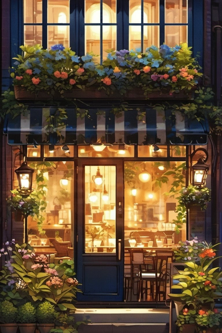 shuicaixiaodian,midnight,night,no humans, scenery, flower, window, potted plant, plant, cafe, chair, table, outdoors, building, night, sign, door, lamppost, sky, shop, lamp, storefront, city, cup, bush, flower pot, lantern, cityscape,