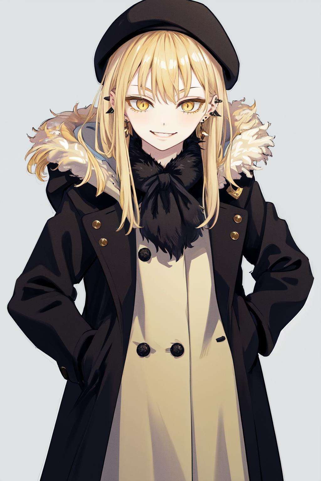 masterpiece, best quality, highres, 1girl yellow eyes earrings <lora:guideau_no_outfit:1> standing, fur trim, simple background, smile, black coat, black headwear beret, hands in pockets