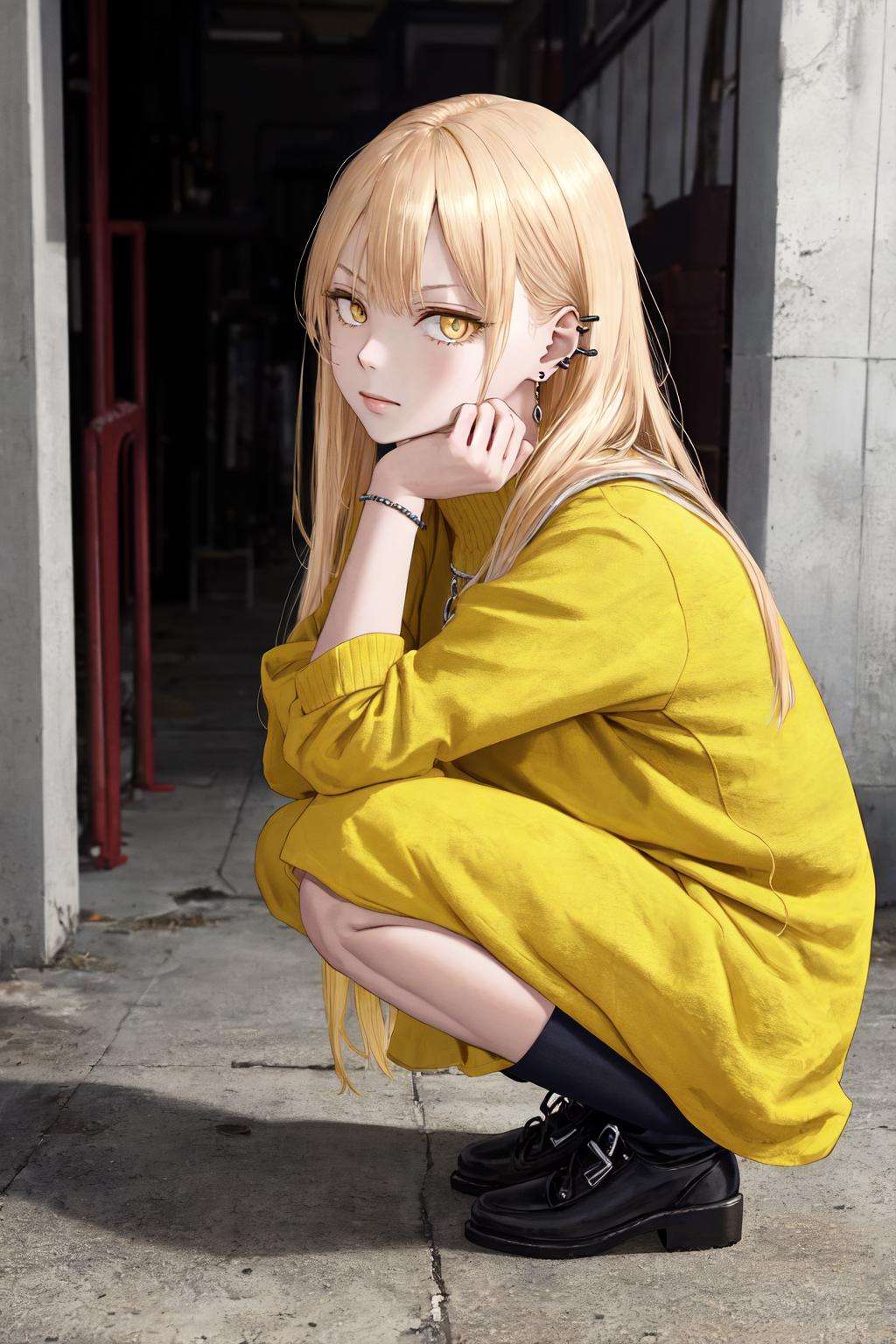 masterpiece, best quality, highres, 1girl yellow eyes earrings <lora:guideau_no_outfit:1> squatting, from side, head rest, looking at viewer