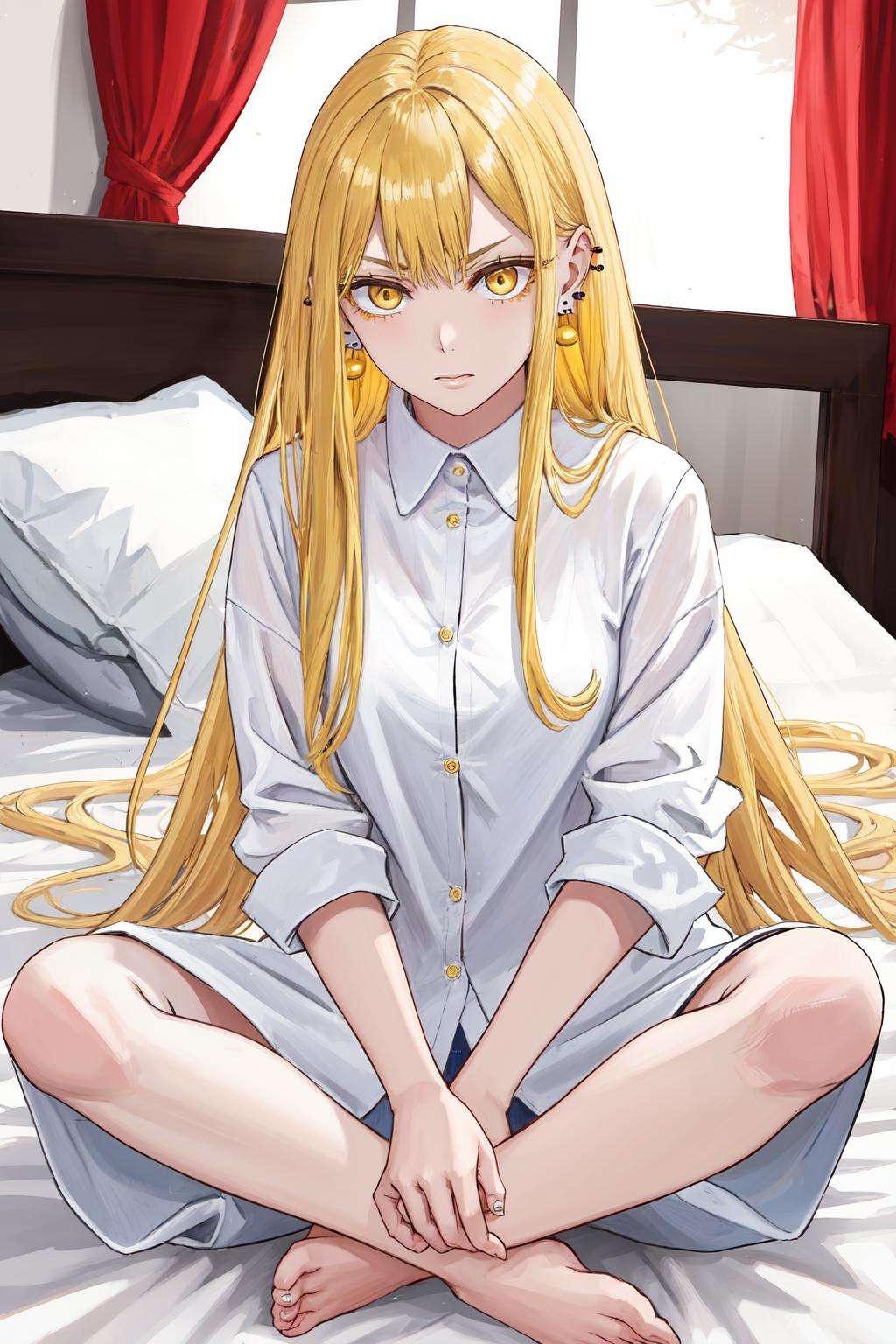 masterpiece, best quality, highres, 1girl yellow eyes earrings <lora:guideau_no_outfit:1> sitting, indian style, white shirt, bed sheet