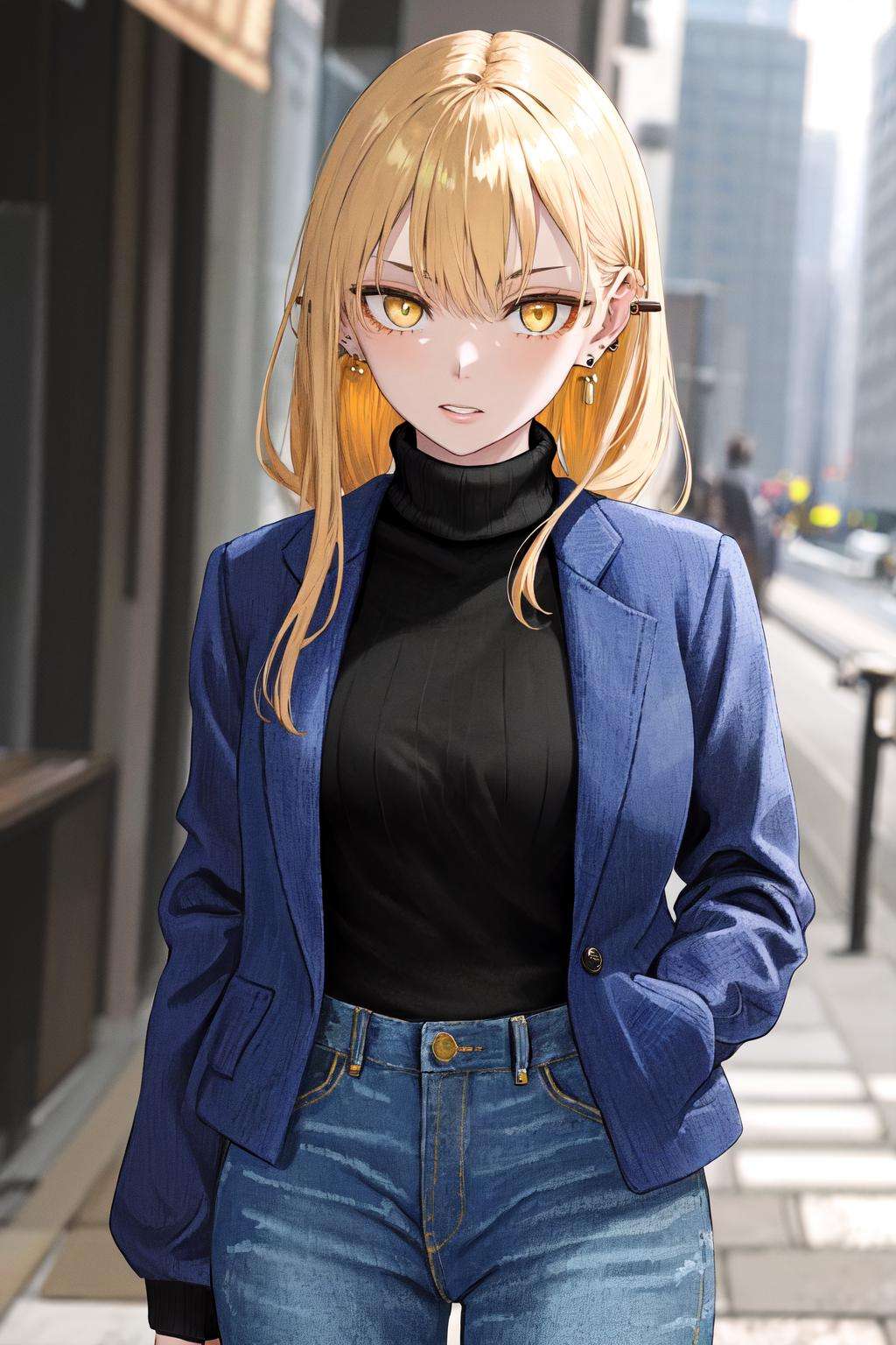 masterpiece, best quality, highres, 1girl yellow eyes earrings <lora:guideau_no_outfit:1> turtleneck sweater, denim, open jacket, looking at viewer