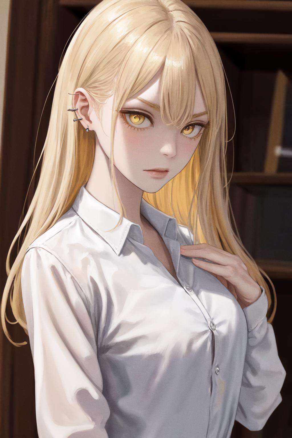 masterpiece, best quality, highres, 1girl yellow eyes earrings <lora:guideau_no_outfit:1> white shirt