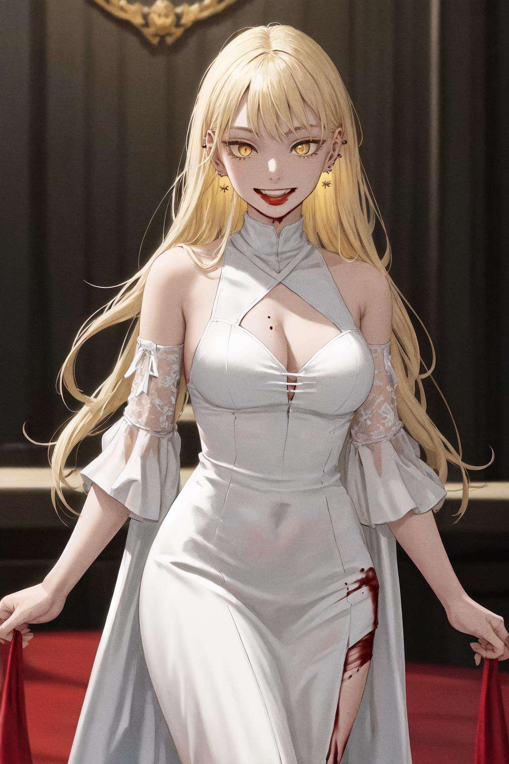 masterpiece, best quality, highres, 1girl yellow eyes earrings <lora:guideau_no_outfit:1> smile, standing, blood on face, white dress, blood on clothes