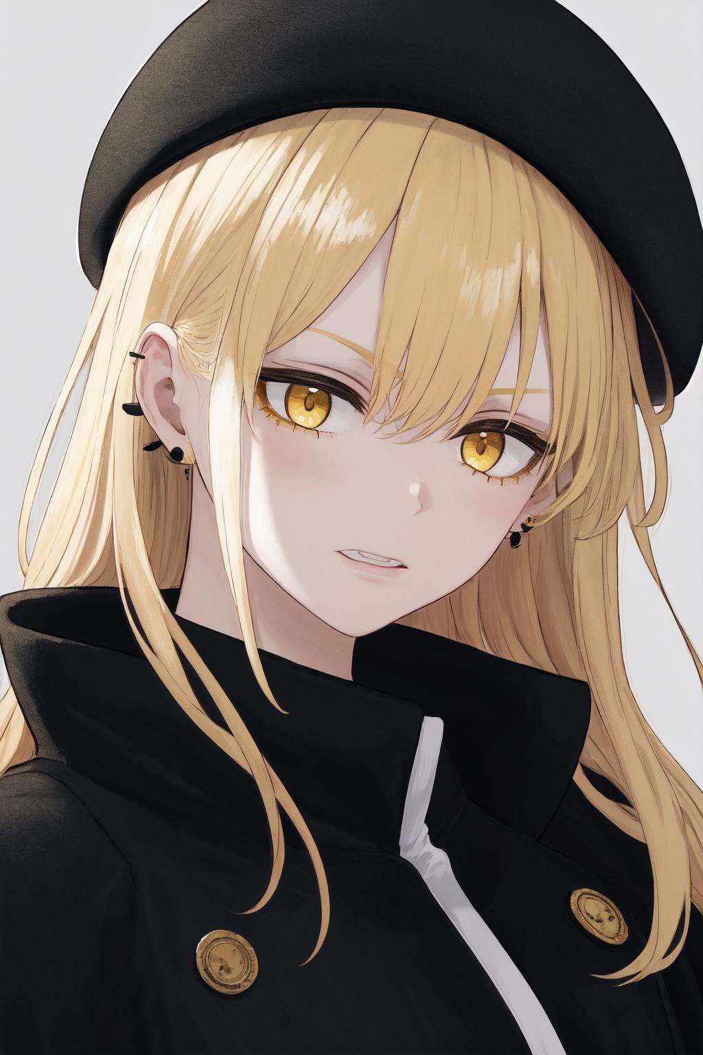 masterpiece, best quality, highres, 1girl yellow eyes earrings <lora:guideau_no_outfit:1> black headwear beret, black coat