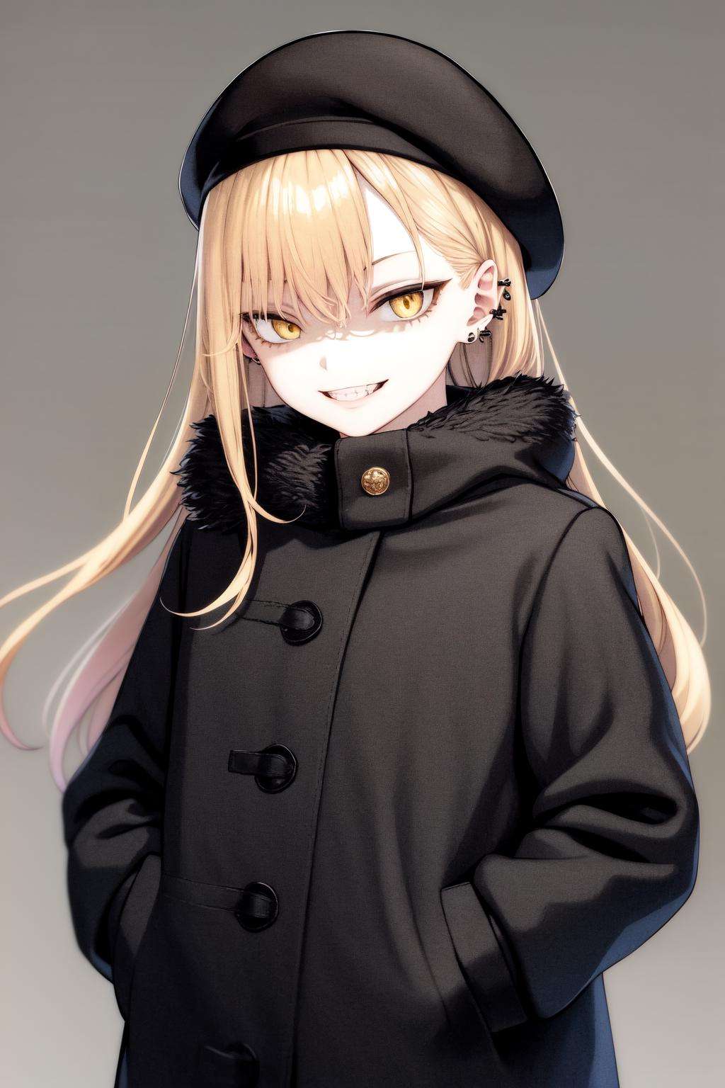 masterpiece, best quality, highres, 1girl yellow eyes earrings <lora:guideau_no_outfit:1> standing, smile, black coat, black headwear beret, hands in pockets, looking at viewer, shaded face <lora:shaded_face2_pruned_0:0.5>