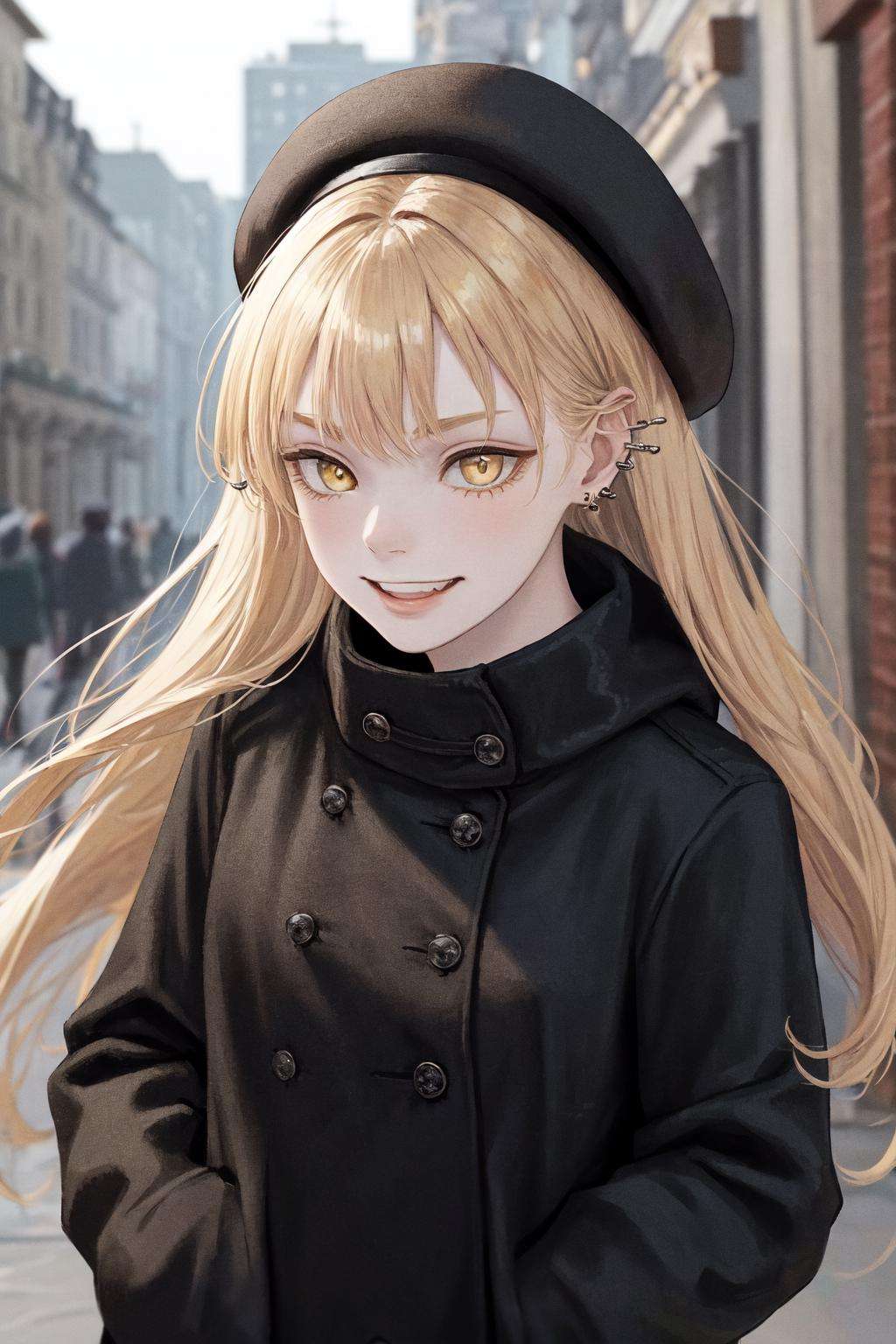 masterpiece, best quality, highres, 1girl yellow eyes earrings <lora:guideau_no_outfit:1> smile, black coat black hat beret hands in pocket