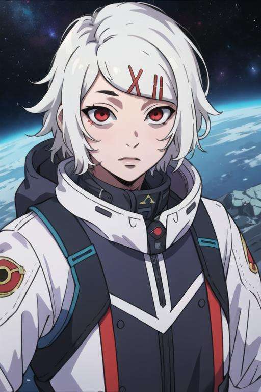 masterpiece, best quality, game cg, 1boy, solo, male focus, looking at viewer, upper body, , <lora:juuzou_suzuya:0.76>, juuzou_suzuya, white hair, red eyes, , , space opera, HDR