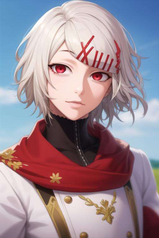 masterpiece, best quality, photorealistic, 1boy, solo, male focus, looking at viewer, upper body, depth of field, <lora:juuzou_suzuya:0.70>, juuzou_suzuya, white hair, red eyes, , alternate history,