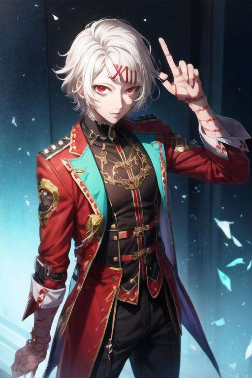 masterpiece, best quality, wallpaper, 1boy, solo, male focus, looking at viewer, , , <lora:juuzou_suzuya:0.70>, juuzou_suzuya, white hair, red eyes, gangster costume, ,