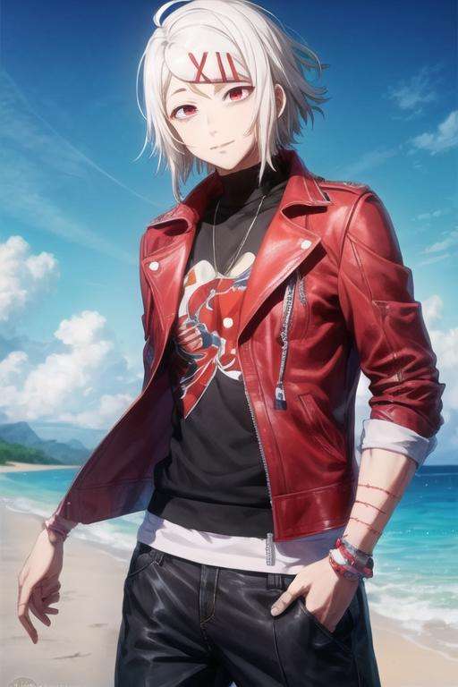 masterpiece, best quality, , 1boy, solo, male focus, looking at viewer, , , <lora:juuzou_suzuya:0.76>, juuzou_suzuya, white hair, red eyes, leather jacket, , The Island of Dreams: A place where all your deepest desires come true,