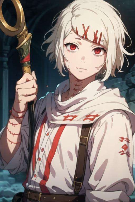 masterpiece, best quality, game cg, 1boy, solo, male focus, looking at viewer, upper body, depth of field, <lora:juuzou_suzuya:0.76>, juuzou_suzuya, white hair, red eyes, , , Middle Earth: A vast and ancient world, home to Elves, Dwarves, Hobbits, and Wizards,