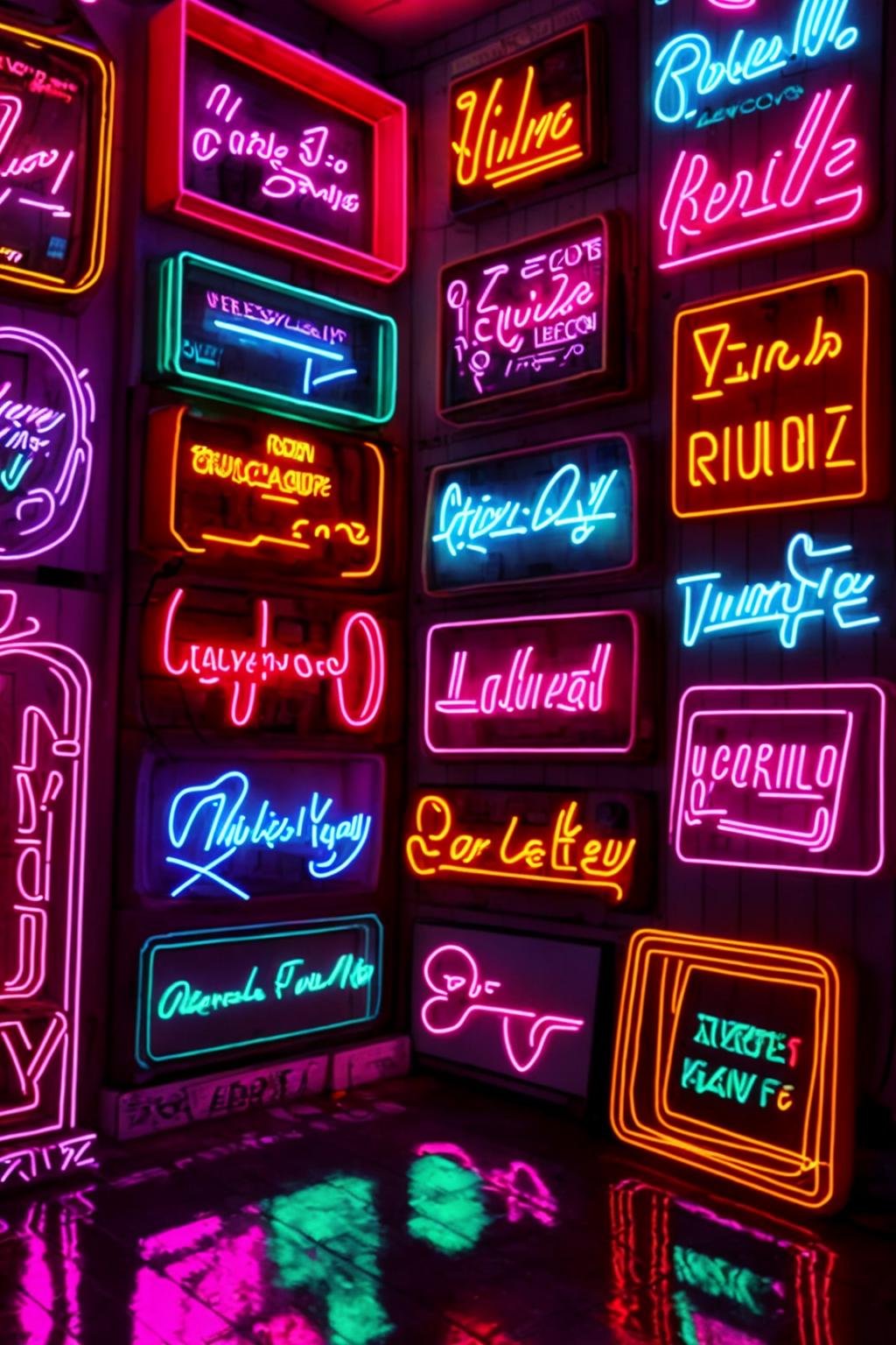 a room filled with lots of neon signs , neons
