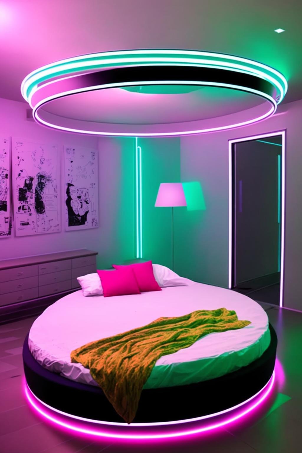 a bed with a circular bed frame and a neon light , neons