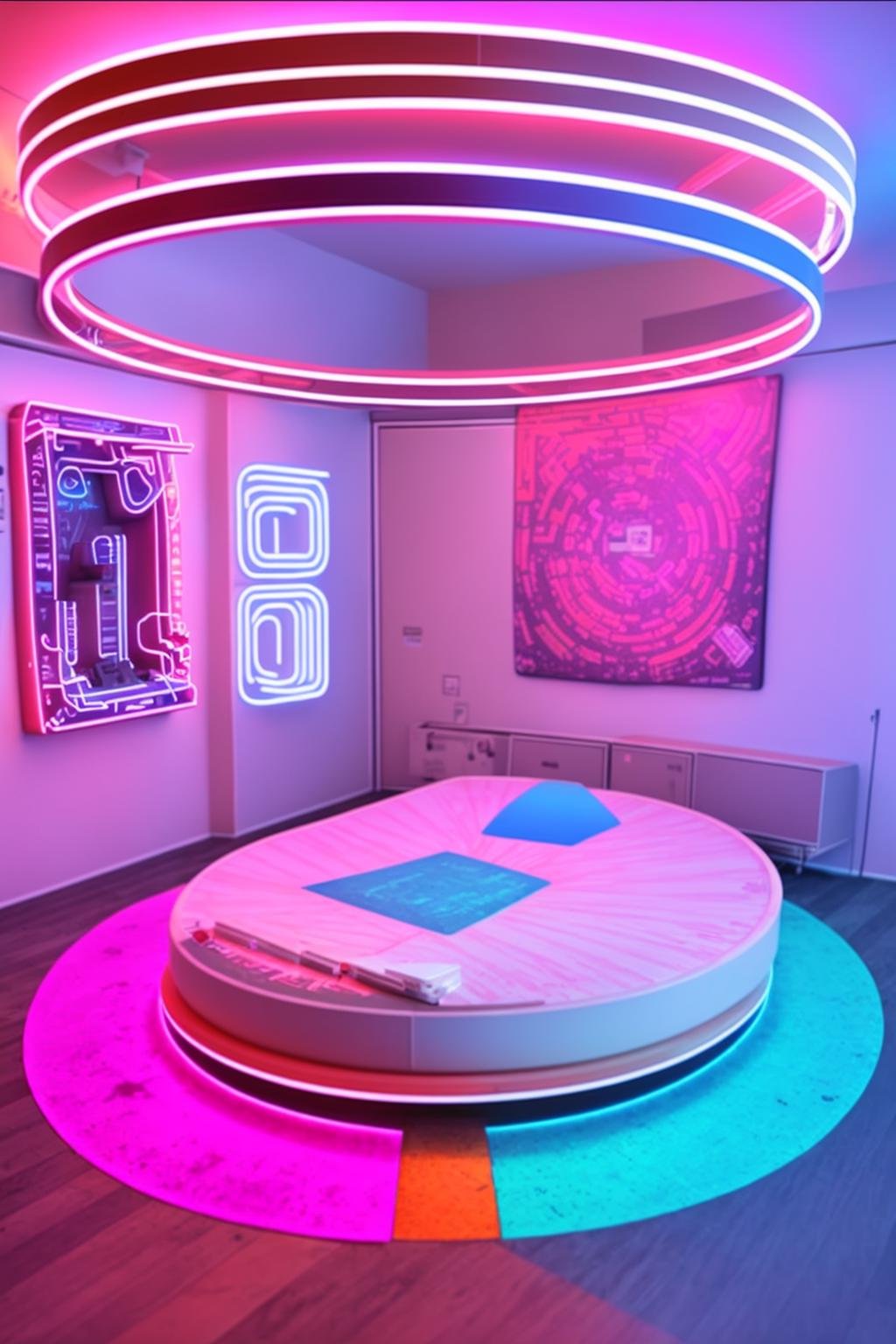 a bed with a circular bed frame and a neon light , neons