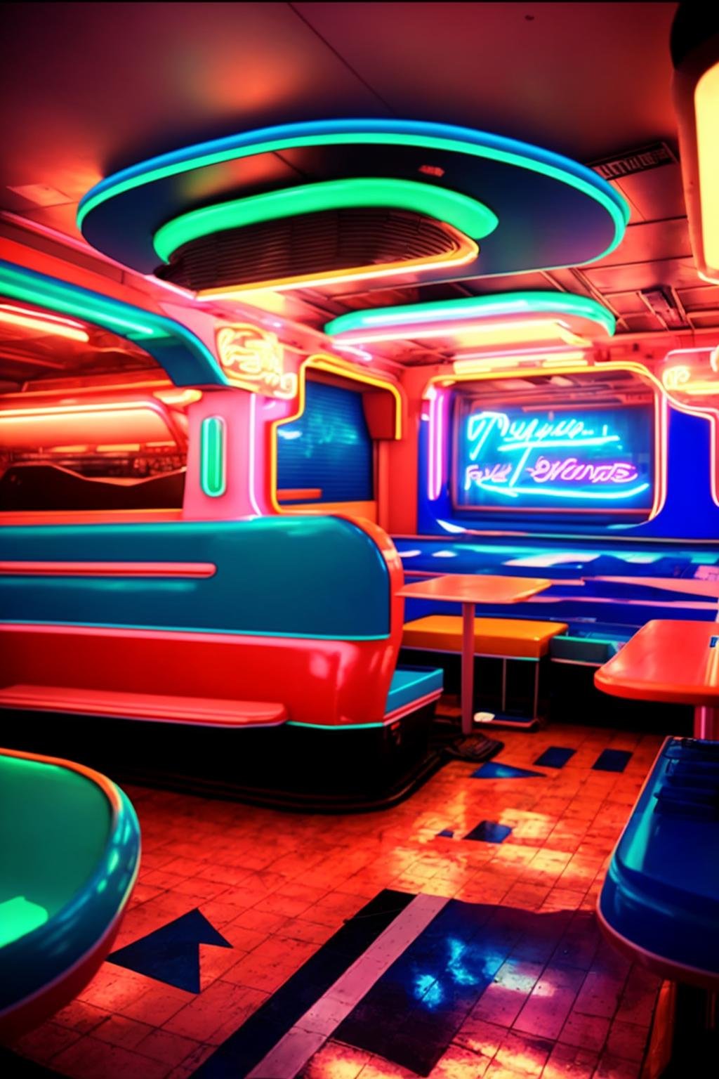 a diner with a car and neon lights , neons