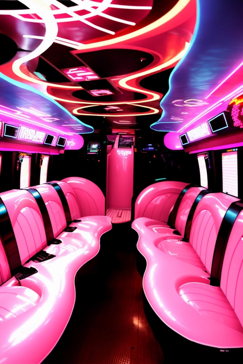 a pink and black limo with a lot of seats , neons