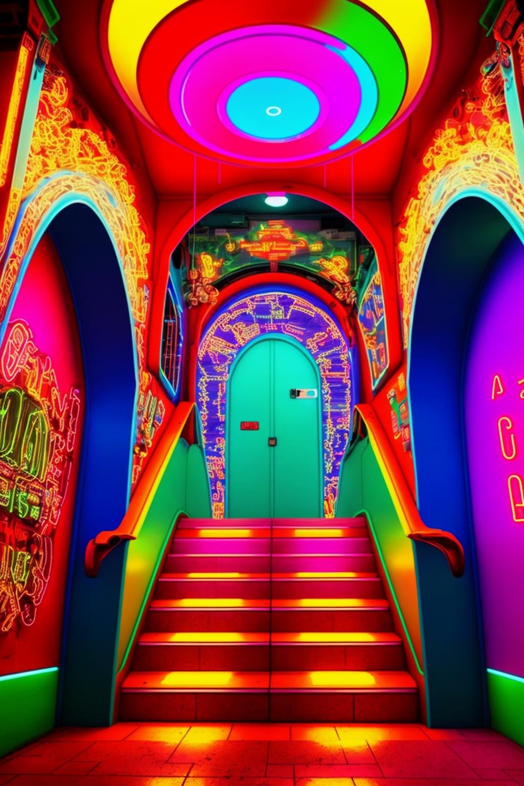 a stairway leading to a colorful building with a clock on the wall , neons