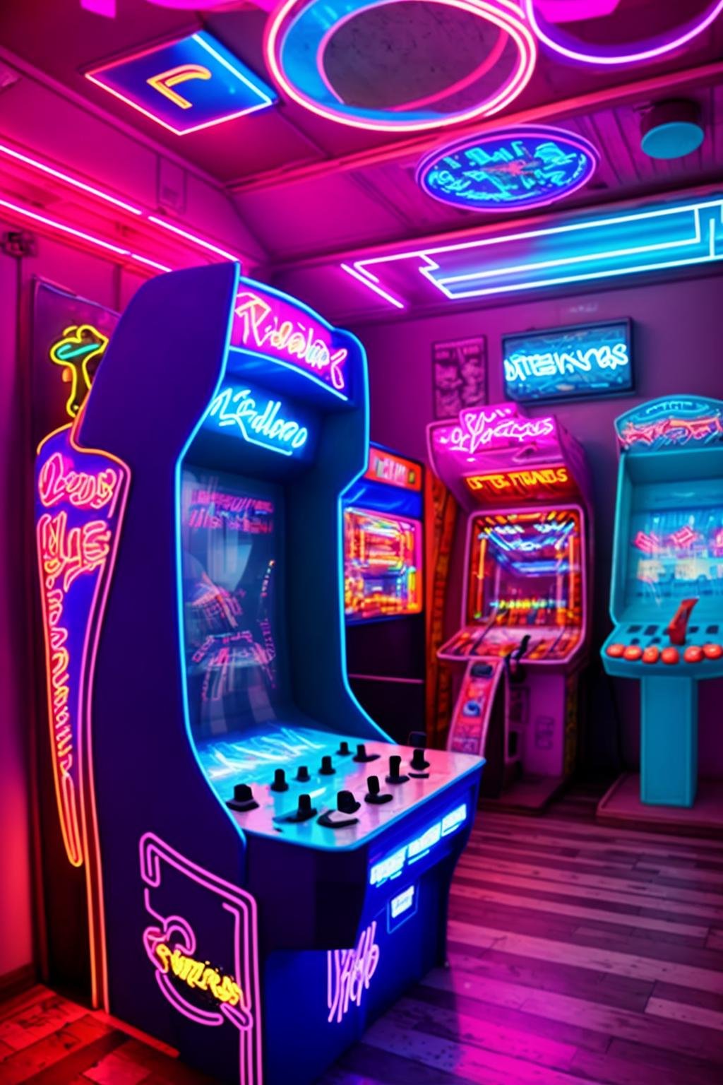 a room with arcade machines and neon lights , neons