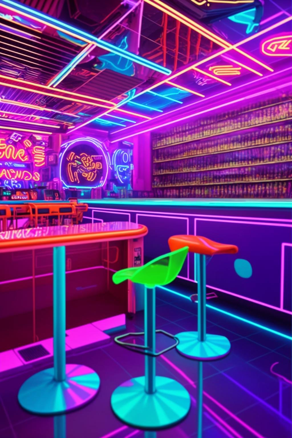 a neon lit disco bar with neon stools , neons