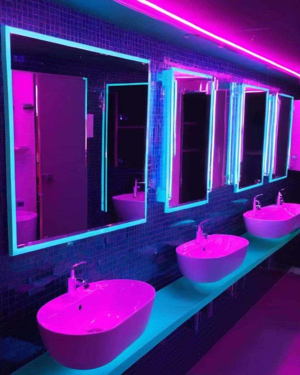 best quality ,  a bathroom with a bunch of sinks and mirrors , <lora:Neon_Environments:1>  , neon