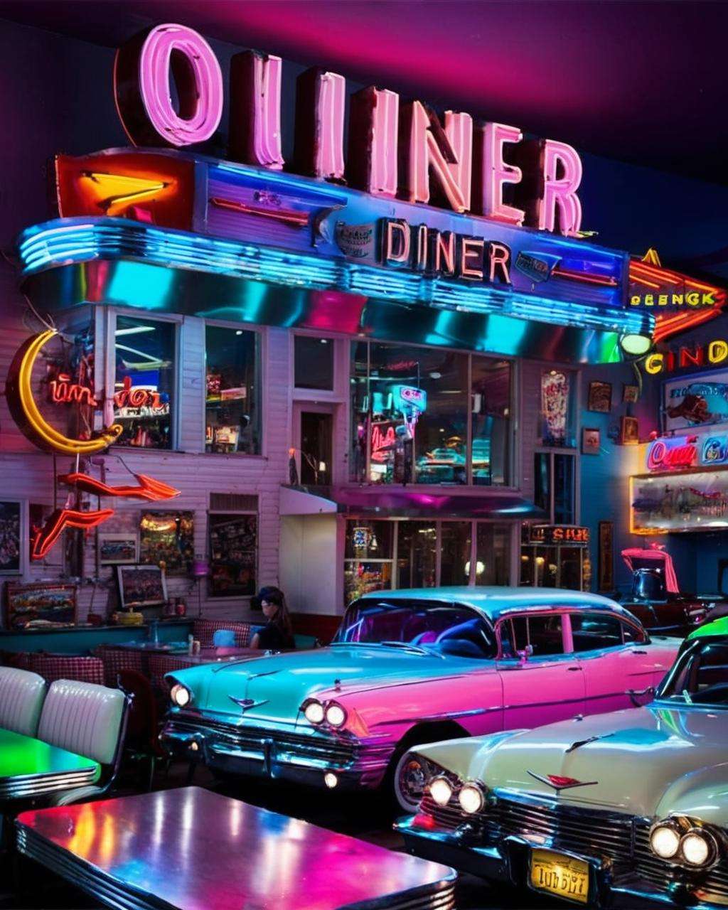 best quality ,  a diner with a car and neon lights , <lora:Neon_Environments:1>  , neon light