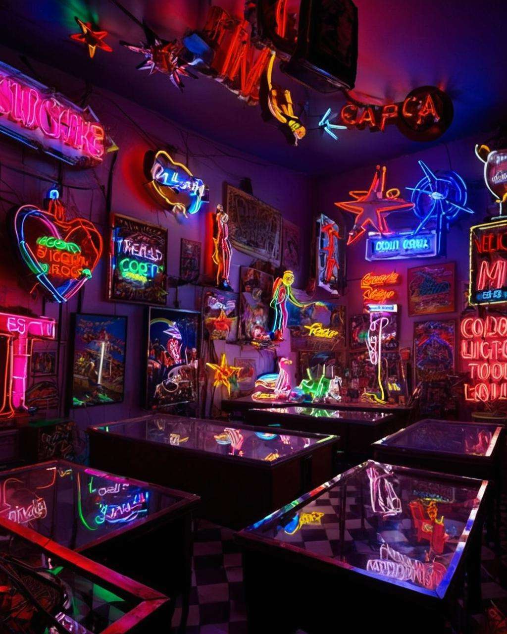 best quality ,  a room filled with lots of neon signs , <lora:Neon_Environments:1>  , neon light