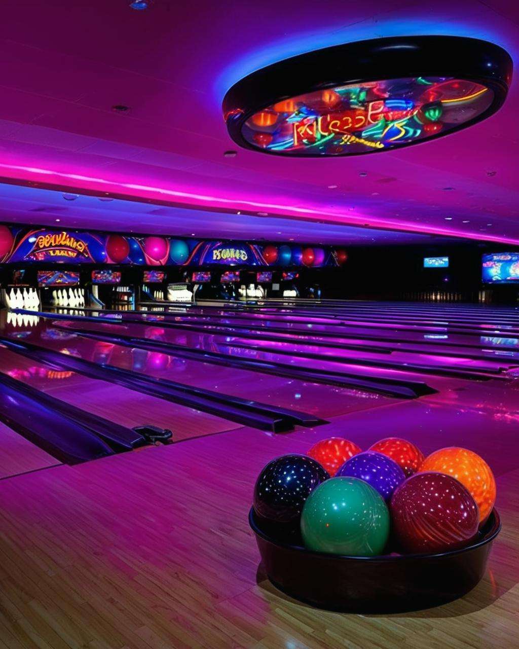 best quality ,   a bowling alley with bowling balls and neon lights , <lora:Neon_Environments:1>  , neon light