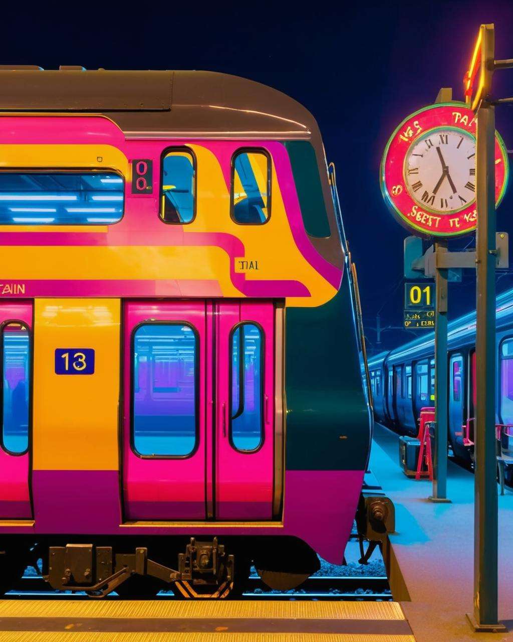 best quality ,  a train is parked at a train station , <lora:Neon_Environments:1>  , neon light