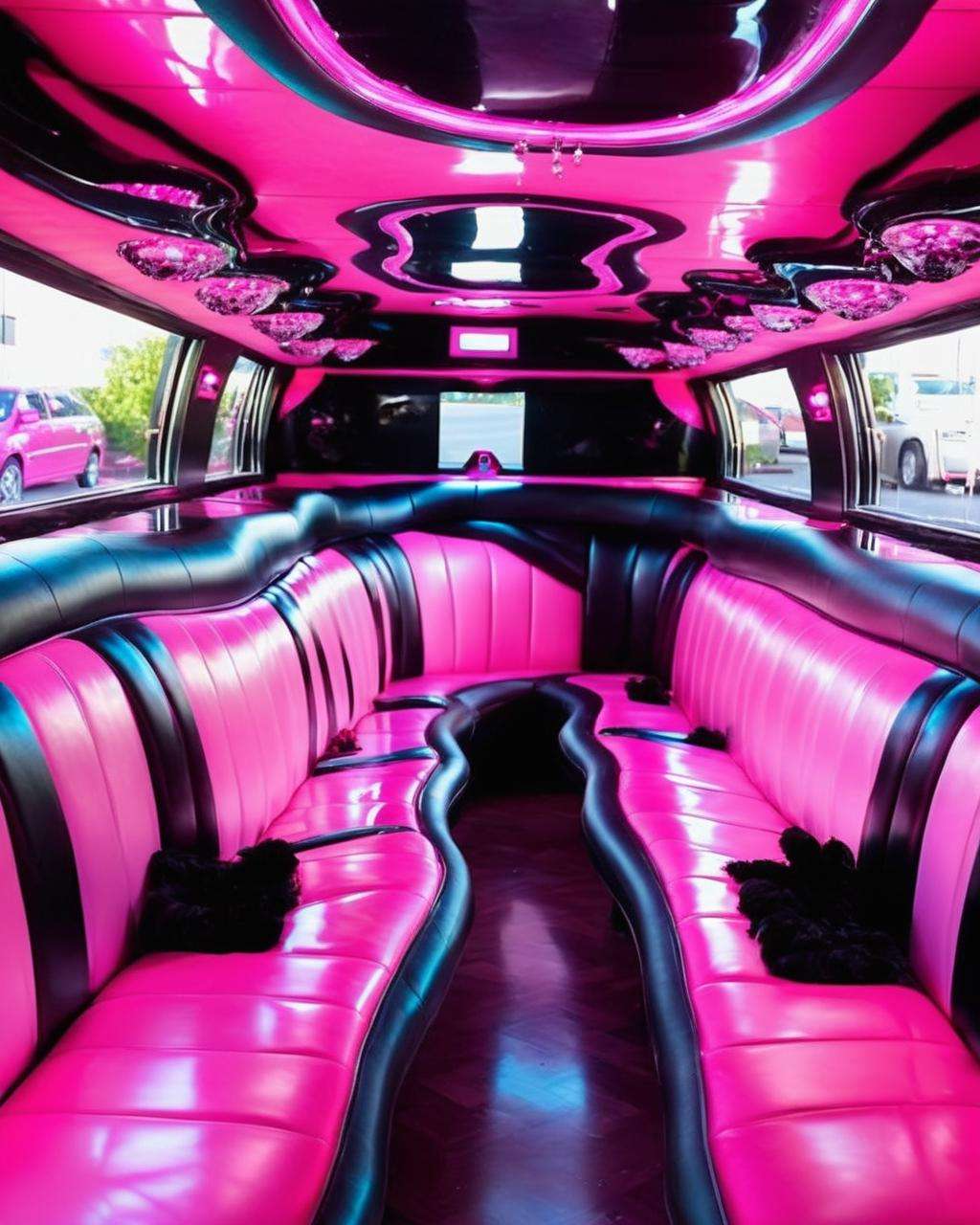 best quality ,  a pink and black limo with a lot of seats , <lora:Neon_Environments:1>  , neon light