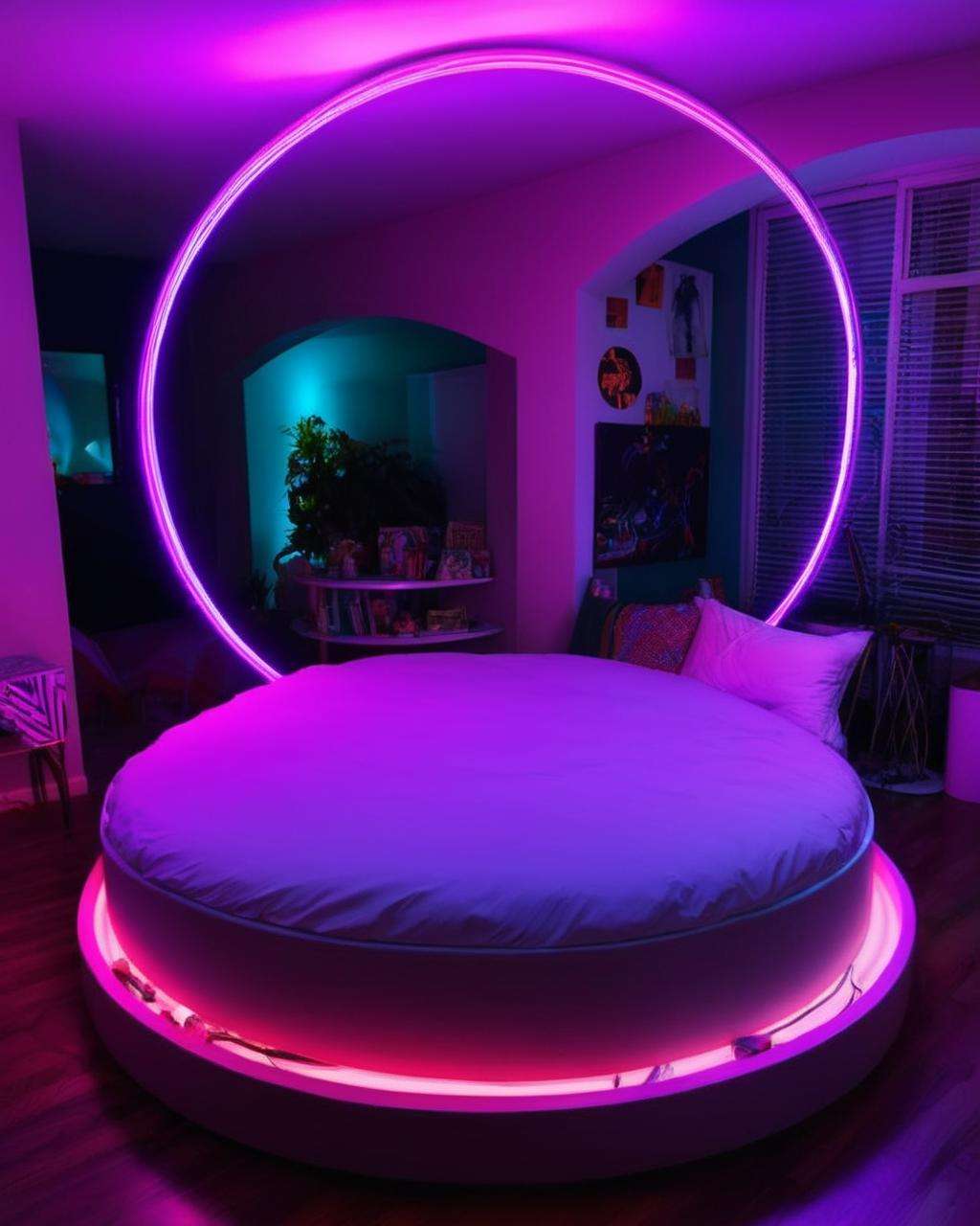 best quality ,  a bed with a circular bed frame and a neon light , <lora:Neon_Environments:1>  , neon