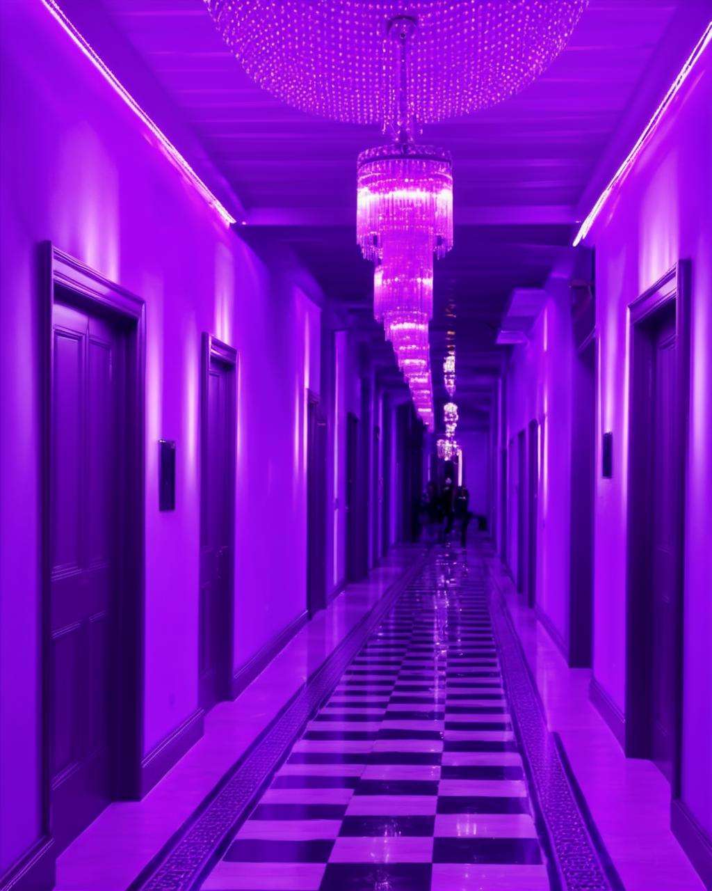 best quality ,  a long hallway with a chandelier and a purple light , <lora:Neon_Environments:1>  , neon light