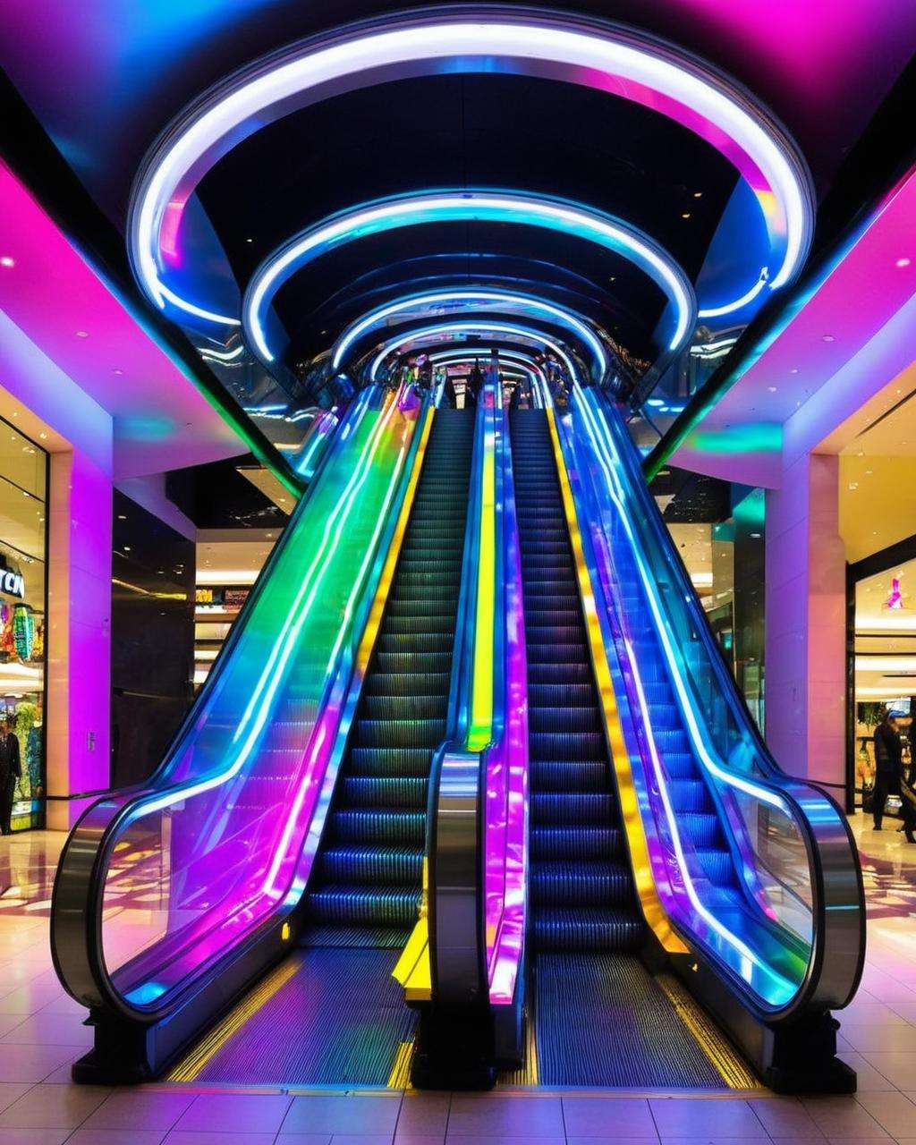 best quality ,  an escalator with a colorful light coming from the ceiling , <lora:Neon_Environments:1>  , neon light