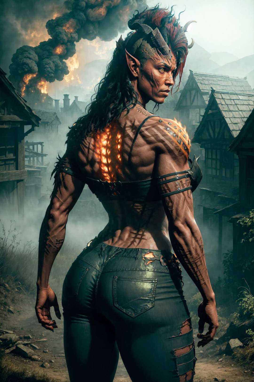 (masterpiece, best quality), outdoors, dark misty burning village, cowboy shot, 1girl, solo, Karlach, demon girl, colored skin, red skin, scars, slit pupils, <lora:Karlach_V1-Manityro-Dadapt:1.0>, crop top, pants, torn pants, thigh strap, from behind, looking back