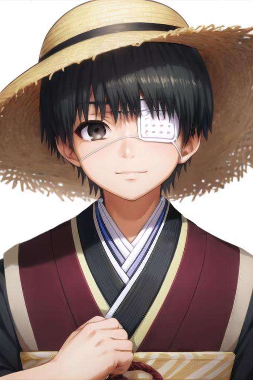 masterpiece, best quality, illustration, 1boy, solo, male focus, looking at viewer, upper body, , <lora:ken_kaneki:0.72>, ken_kaneki, black hair, black eyes, eyepatch, , panama hat, feudal japan,