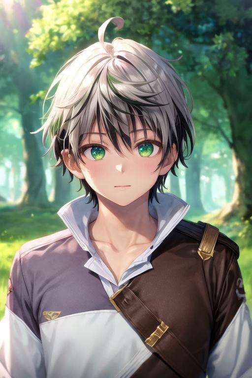 masterpiece, best quality, , 1boy, solo, male focus, looking at viewer, upper body, depth of field, <lora:rein_shroud:0.70>, rein_shroud, grey hair, green eyes, two-tone hair, black hair, , aztec, 8k resolution