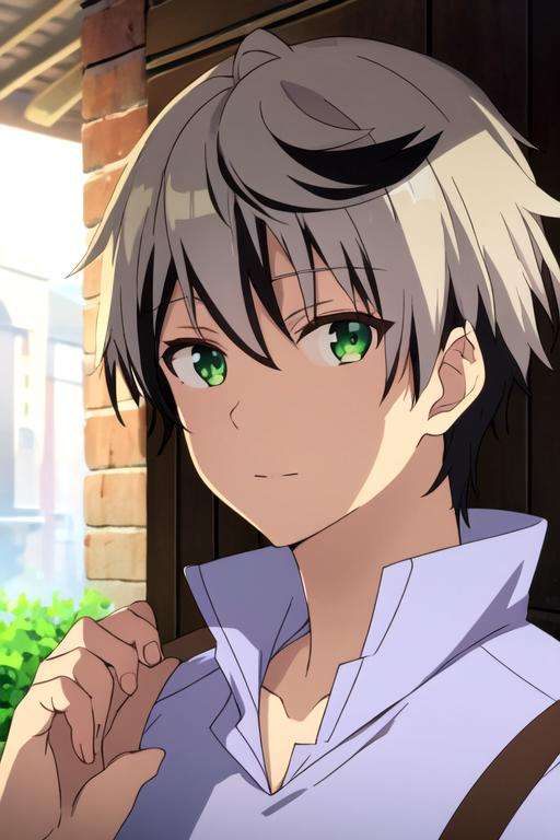 masterpiece, best quality, illustration, 1boy, solo, male focus, looking at viewer, , , <lora:rein_shroud:0.70>, rein_shroud, grey hair, green eyes, multicolored hair, two-tone hair, black hair