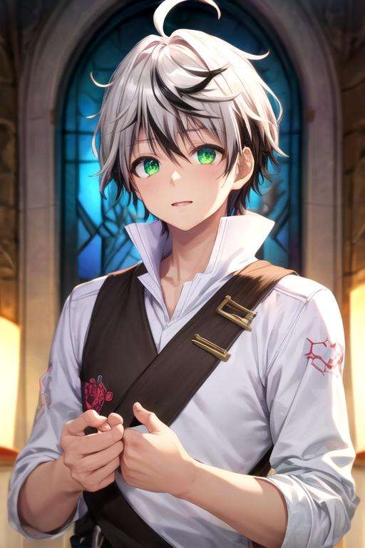 masterpiece, best quality, game cg, 1boy, solo, male focus, looking at viewer, , depth of field, <lora:rein_shroud:0.72>, rein_shroud, grey hair, green eyes, multicolored hair, two-tone hair, black hair, conductor costume, ,