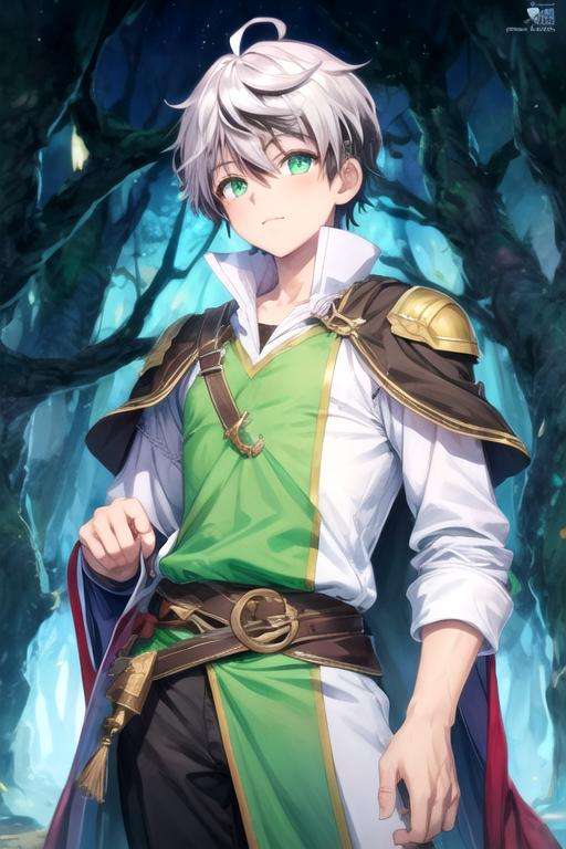 masterpiece, best quality, illustration, 1boy, solo, male focus, looking at viewer, , , <lora:rein_shroud:0.74>, rein_shroud, grey hair, green eyes, two-tone hair, black hair, jester costume, , HD