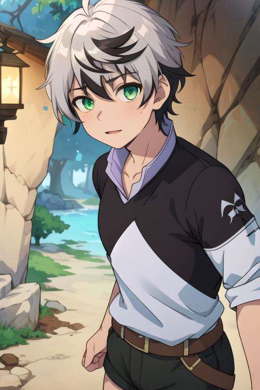 masterpiece, best quality, game cg, 1boy, solo, male focus, looking at viewer, upper body, , <lora:rein_shroud:0.72>, rein_shroud, grey hair, green eyes, multicolored hair, two-tone hair, black hair, dress shorts, , alternate history,