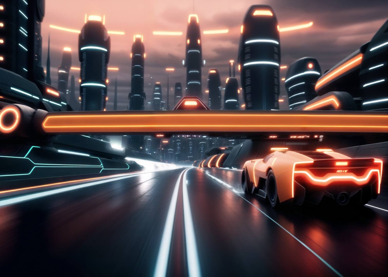 (sports car:1.1) on a highway with a sci-fi city in the distance, Style-TronLegacy-8v-B