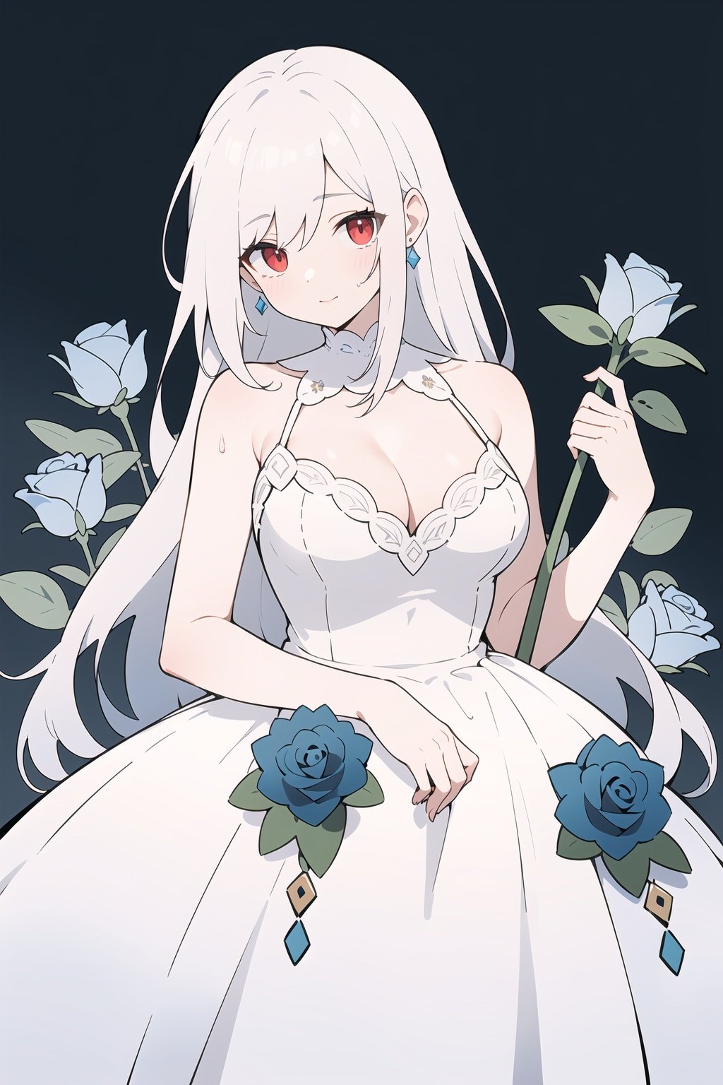 (mature:1.2),masterpiece, best quality,white hair,breasts,alternate costume,red eyes, high detail,Long Straight Hair,cleavage, flowers,(The dress was covered with blue roses:1.1),