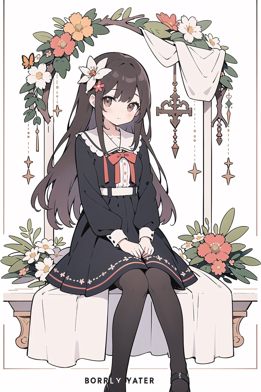 1girl, long hair, solo, hair ornament, flower, curtain grab, hair flower, butterfly, pantyhose, curtains, bird, sitting, bug, black hair, bow, bangs, looking at viewer, copyright name, skirt, dress, closed mouth, brown hair