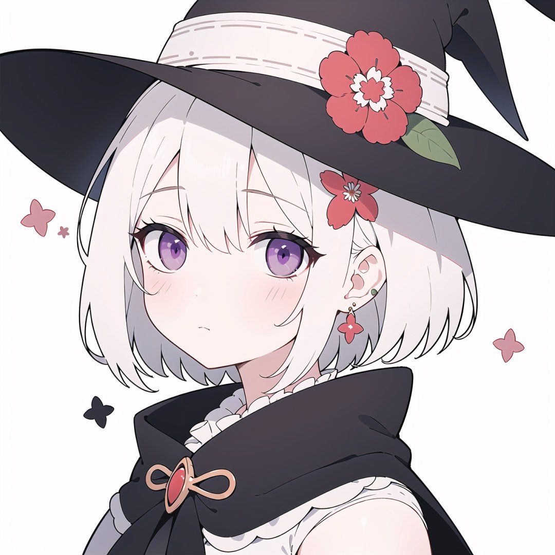 quality_best,style_onineko,(Distinct pupils)(Clear eyes),wizard hat,1girl,solo,c,earrings,looking at viewer,flower,short hair,bangs,closed mouth,simple background,black headwear,white background,red flower,upper body,white hair,hair intakes,frills,purple eyes,hair ornament,expressionless,hat flower,eyelashes,best quality,