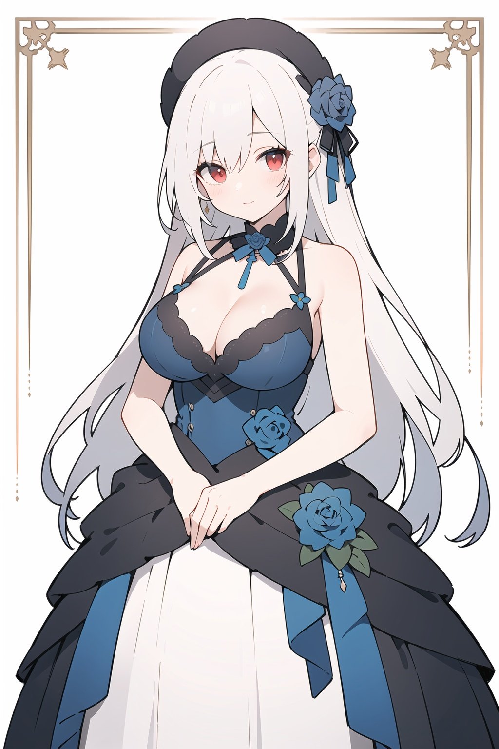 (mature:1.2),masterpiece, best quality,white hair,breasts,alternate costume,red eyes, high detail,Long Straight Hair,cleavage, flowers,(The dress was covered with blue roses:1.1),