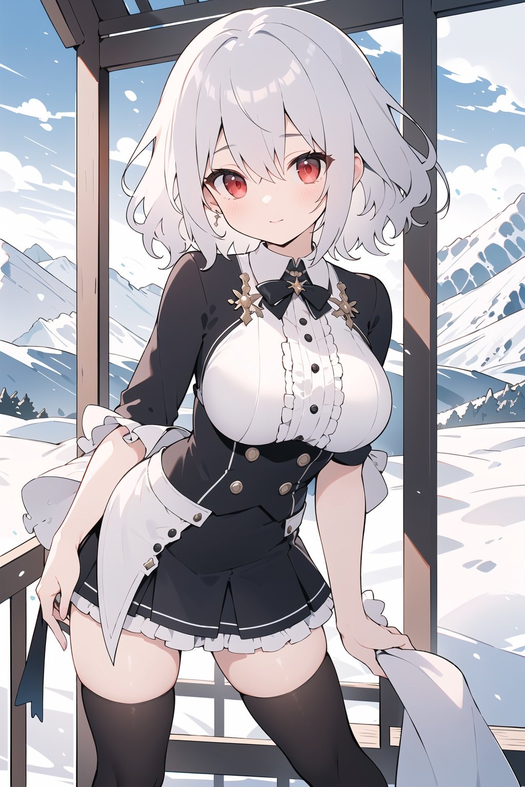 zettai ryouiki,(hanging breasts),(masterpiece, best quality, high quality, highres, ultra-detailed),short hair,silver hair,red eyes,wavy hair,breasts,frills,outdoors,mountain,close-up,alternate costume,