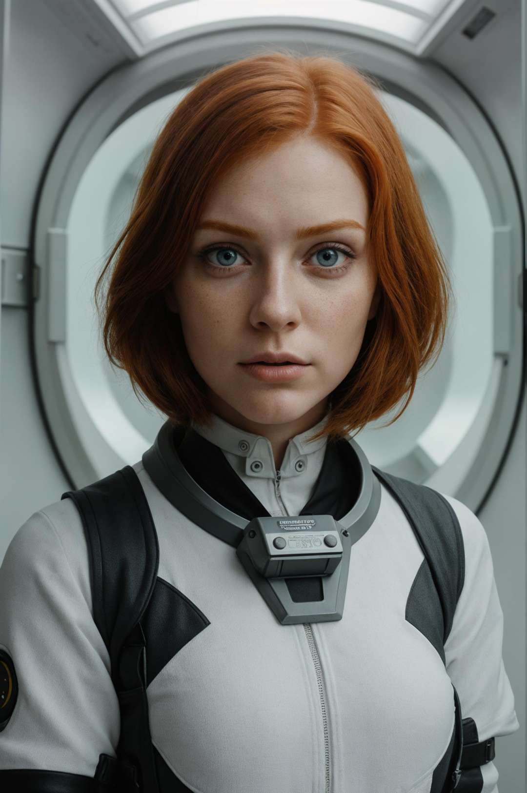 photo of a ginger woman, in space, futuristic space suit, (freckles:0.8) cute face, sci-fi, dystopian, detailed eyes, blue eyes