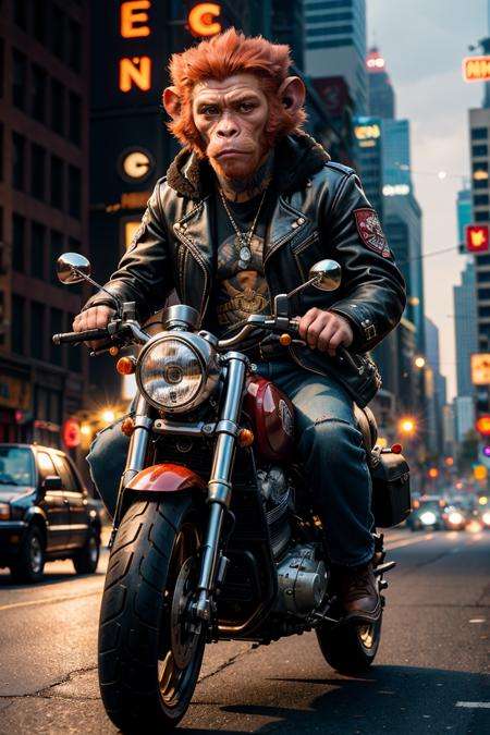 masterpiece, best quality, (Animal anthropomorphism), gangster theme, monkey, jacket,red hair. riding a motorcycle in dim lighting, tattoos, machine gun, smoke, shadows, corrupt cityscape, RAW photo, full sharp, (FullHD epic wallpaper) 8k uhd, dslr, soft lighting, high quality, film grain, Fujifilm XT3