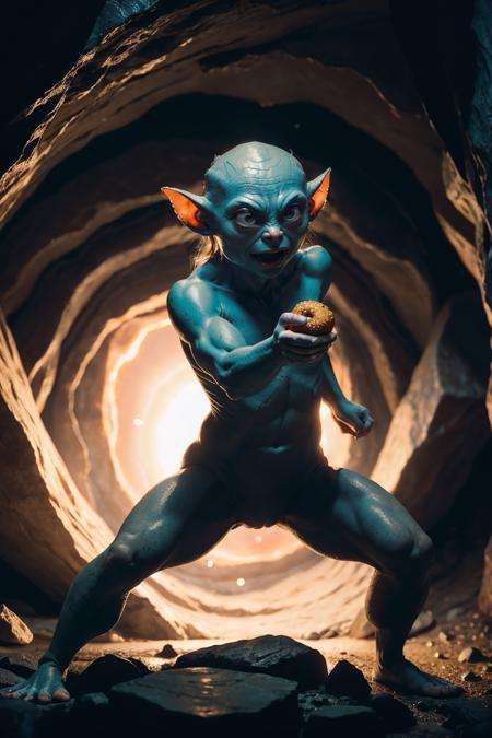 (dynamic pose:1.2),(dynamic camera),close-up Gollum holding donut,in dark cave, RAW photo, full sharp, (FullHD epic wallpaper) 8k uhd, dslr, soft lighting, high quality, film grain, Fujifilm XT3,(action movement, three-dimensional picture, impressive)